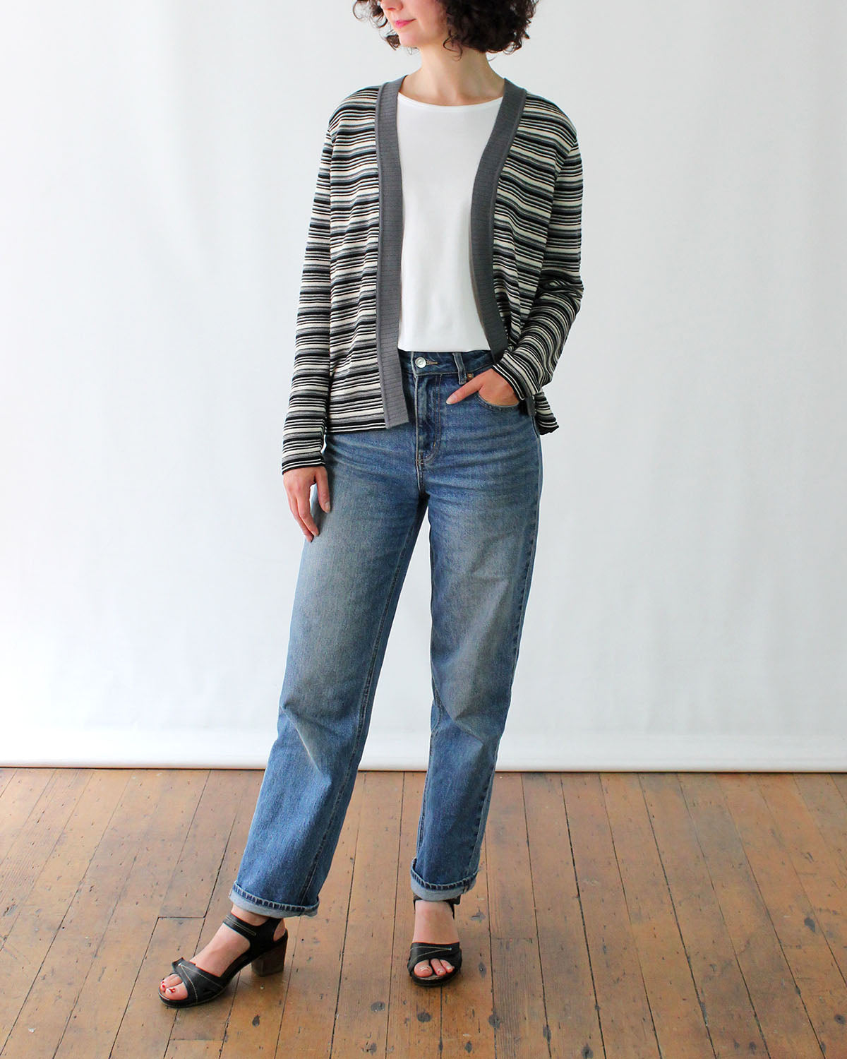 Striped Rib Knit Cotton Cardigan