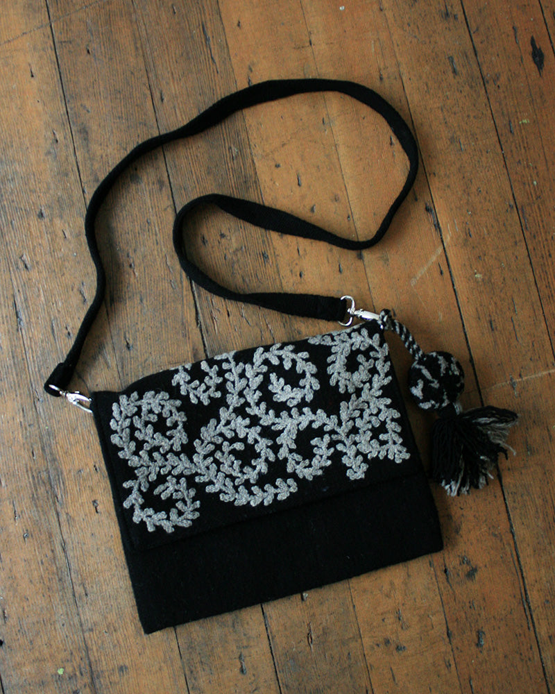 Vine Embroidered Wool Handbag